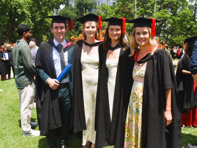 MD Doctor of Medicine graduates: Dr Matthew Forrest, Dr Clare Langley, Dr Tahra Murtagh and Dr Anna Baylis at the University of Melbourne graduations held at the Royal Exhibition Building on Saturday, December 7, 2024. Picture: Jack Colantuono