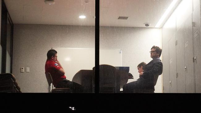 North Adelaide coach Josh Carr and the club’s legal team sit in a meeting room at Adelaide Oval, waiting on a decision by the SANFL tribunal on whether his team will play in the grand final after the 19th man fiasco. Picture: Matt Loxton