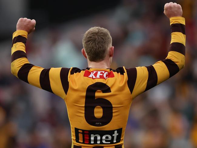 MELBOURNE, AUSTRALIA - JUNE 10: James Sicily of the Hawks celebrates on the siren after the Hawks defeated the Lions during the round 13 AFL match between Hawthorn Hawks and Brisbane Lions at Melbourne Cricket Ground, on June 10, 2023, in Melbourne, Australia. (Photo by Robert Cianflone/Getty Images)