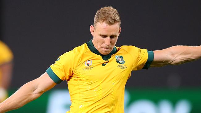 SAPPORO, JAPAN - SEPTEMBER 21: Reece Hodge of Australia kicks a conversion during the Rugby World Cup 2019 Group D game between Australia and Fiji at Sapporo Dome on September 21, 2019 in Sapporo, Hokkaido, Japan. (Photo by Mark Kolbe/Getty Images)