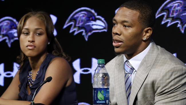FILE - In this May 23, 2014, file photo, Baltimore Ravens running back Ray Rice, right, speaks alongside his wife, Janay, during a news conference at the team's practice facility in Owings Mills, Md. A new video that appears to show Ray Rice striking then-fiance Janay Palmer in an elevator last February has been released on a website. (AP Photo/Patrick Semansky, File)