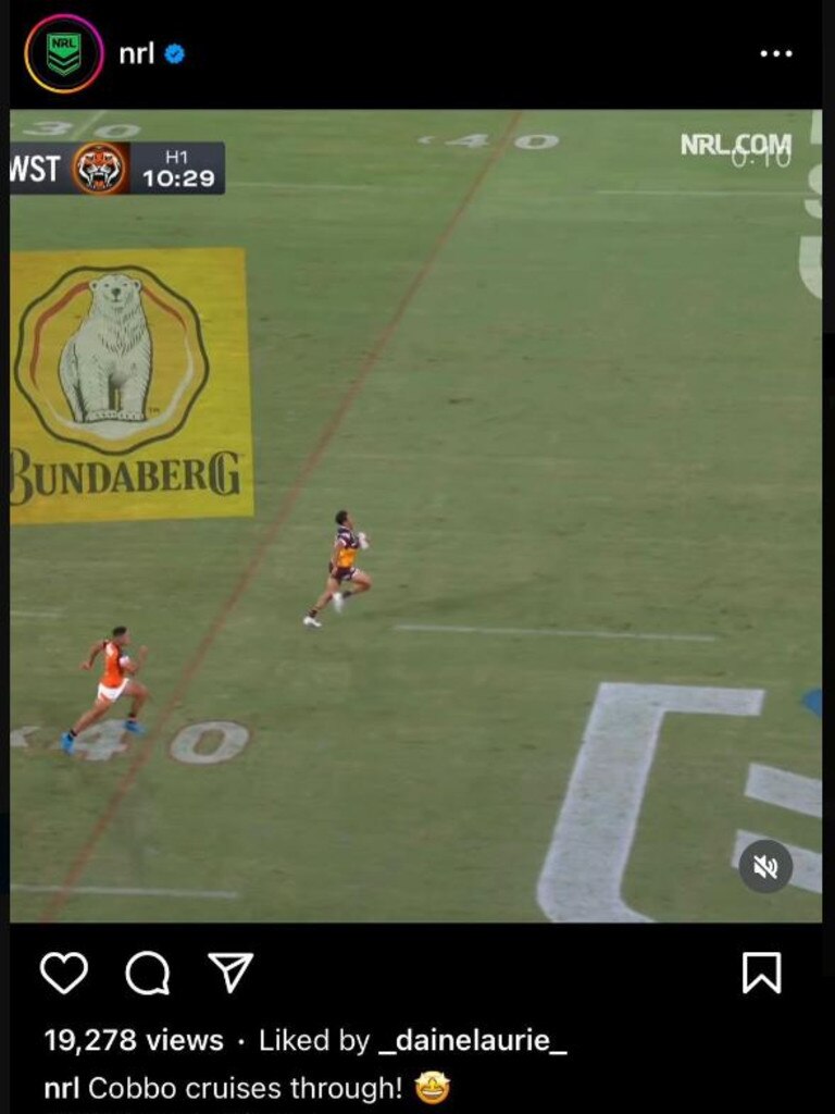 Daine Laurie liked this video of Selwyn Cobbo scoring. Pic: Instagram