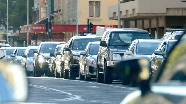 30.1.2015. Heavy congested traffic in the Adelaide City CBD at approx 8:20am. Looking east toward Flinders Street near the intersection of King William Street. Photo Sam Wundke