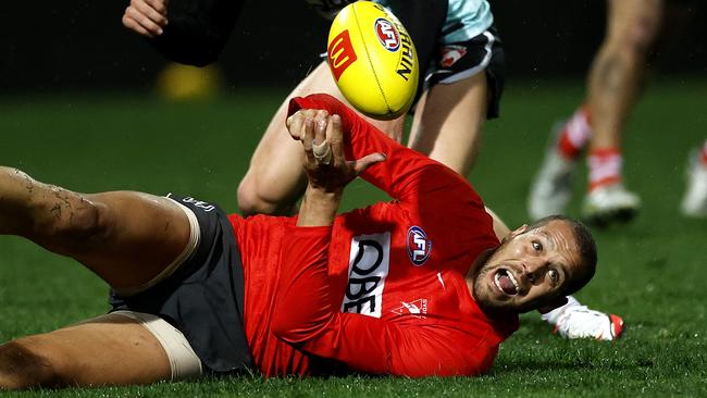Lance Franklin and the Swans’ forwards need to be better defensively, Mick McGuane believes. Picture: Phil Hillyard
