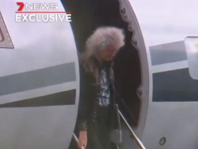 Brian May alights from his jet at Brisbane Airport. Picture: Channel 7