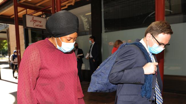 Natasha Vaye with her lawyer Scott Roche outside the District Court following sentencing submissions on charges of causing harm and serious harm by dangerous driving. Picture: Michael Marschall