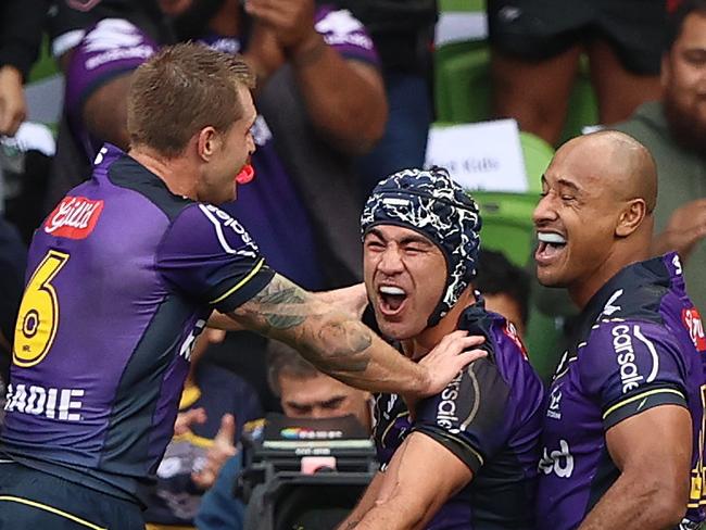 MELBOURNE, AUSTRALIA - MAY 08: Jahrome Hughes of the Storm celebrates after scoring a try during the round nine NRL match between the Melbourne Storm and the St George Illawarra Dragons at AAMI Park, on May 08, 2022, in Melbourne, Australia. (Photo by Robert Cianflone/Getty Images)