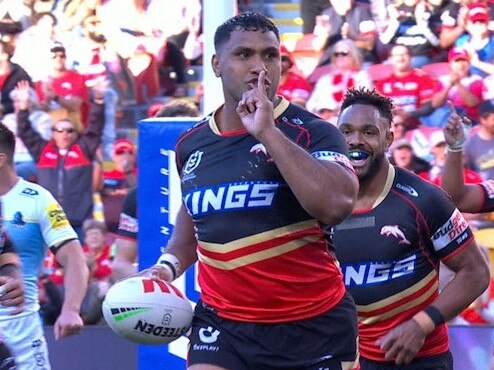 Tevita Pangai celebrates his try.