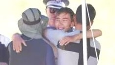 Hadi Nazari can be seen bare-chested with friends after he was found alive in dense NSW bushland in the kosciuszko national park. He was missing for 12 days. Picture: ABC/Adriane Reardon,