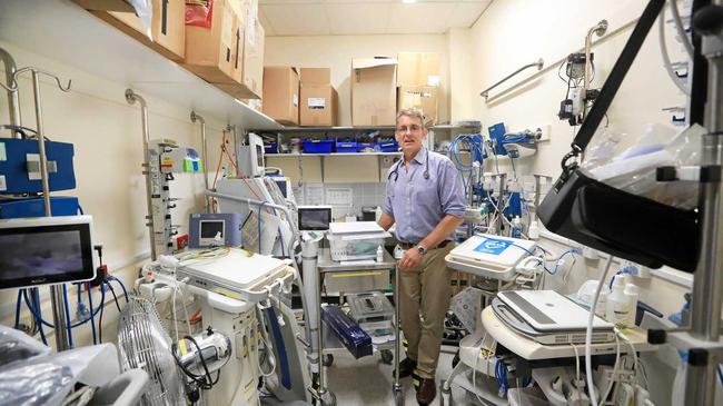 Dr Mike Lindley-Jones in a crowded storage room at the Tweed Heads Hospital. Picture: Scott Powick