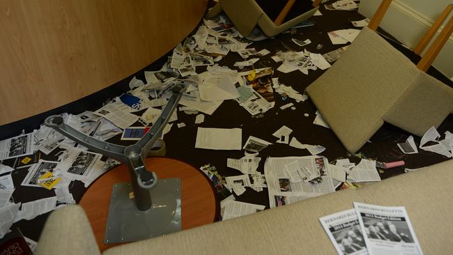 The mess the protesters left in the Senator’s reception area. Picture: Mark Brake