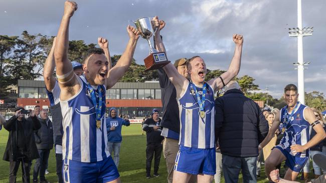 Langwarrin celebrates the 2022 MPNFL Division 2 premiership. Picture: Valeriu Campan