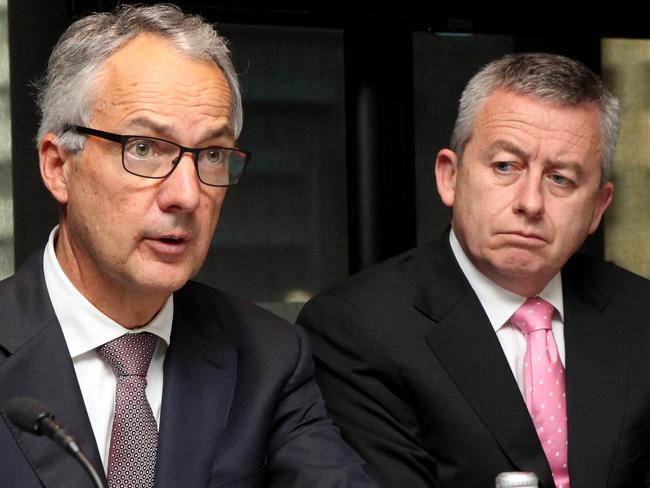 06/05/2016: (L-R) Chief Executive Officer Nicholas Moore and Chief Financial Officer Patrick Upfold at Maquarie Group's annual profit results in Sydney on Friday. The investment bank has delivered its largest ever profit, $2.06 billion in 12 months. Hollie Adams/The Australian