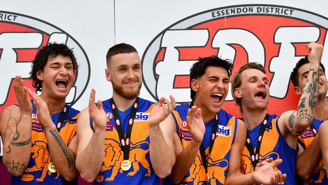 Taylors Lakes celebrate after winning the Essendon District Football League Division Two. Photo by Josh Chadwick