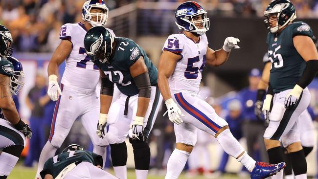 Olivier Vernon #54 of the New York Giants celebrates after sacking Carson Wentz #11 of the Philadelphia Eagles. Picture: Getty Images