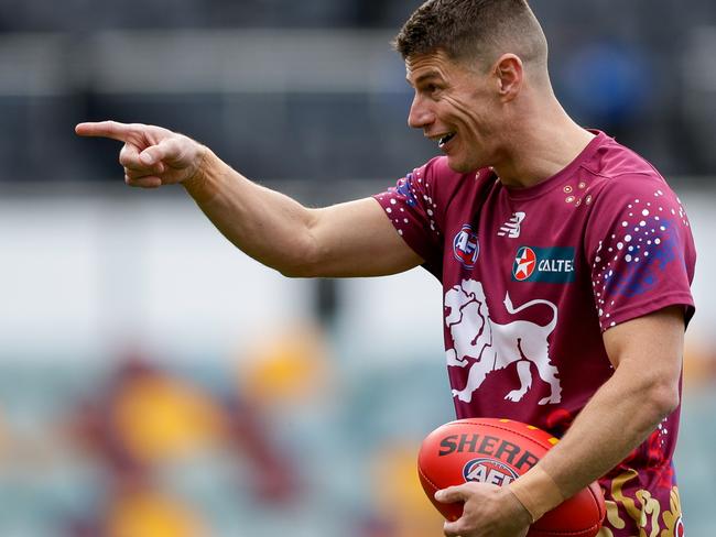 BRISBANE, AUSTRALIA - AUG 11: Dayne Zorko of the Lions warms up prior to the 2024 AFL Round 22 match between the Brisbane Lions and the GWS GIANTS at The Gabba on August 11, 2024 in Brisbane, Australia. (Photo by Russell Freeman/AFL Photos via Getty Images)