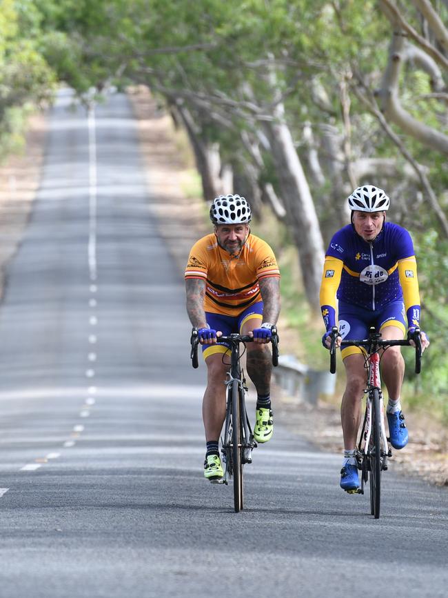 The Pro: Patrick Jonker and the Punter: Rob Yates ride the TDU challenge route from Glenelg to Strathalbyn. Picture: Tricia Watkinson