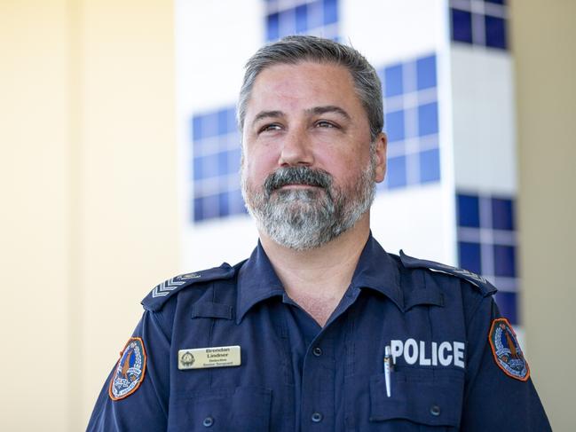 Standing outside of the Palmerston Police Station on Wednesday morning, Detective Senior Sergeant Brendan Lindner released further details regarding the road death of a 54-year-old motorcyclist. Picture: Floss Adams.