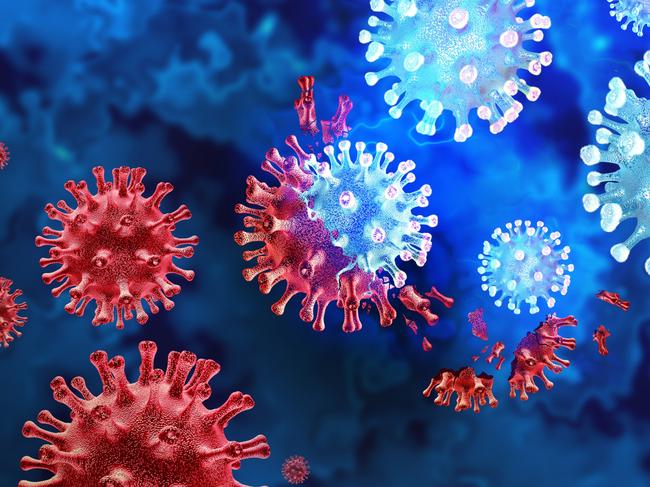 Mutating virus variant and cell mutation variants as a health risk concept and new coronavirus outbreak or covid-19 viral cells mutations and influenza background as a 3D render.