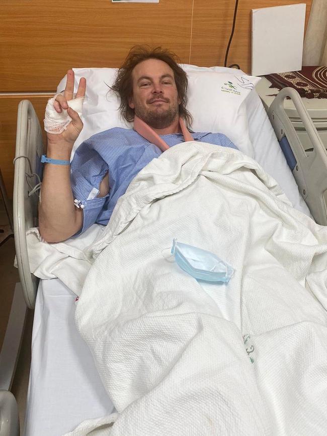 Australian motorcycle racer Toby Price pictured in hospital after his crash in the 2021 Dakar Rally. Picture: Twitter / @tobyprice87