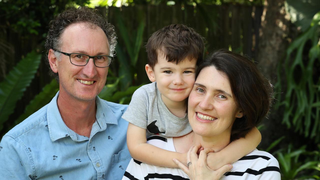 Nicole Harvey, 39, at home with her husband Cameron, 45, and son James, 3. Picture: Liam Kidston