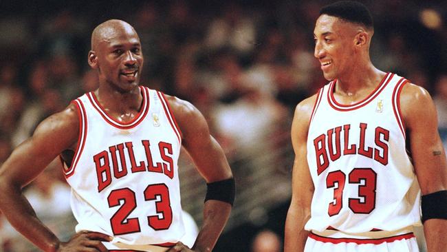 Scottie Pippen (right) with Michael Jordan (left) when they played for the Chicago Bulls. Picture: Vincent Laforet/AFP