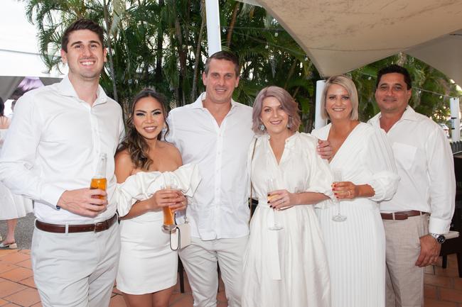 Rob Beamish, Eubrey Beamish, Marcus Hahn, Erica Hahn, Sharnie Contor and Shannon Contor at Mantra Mackay for a Touch of Teal Soiree Trudy Crowley Foundation fundraising event 2022 Picture: Michaela Harlow