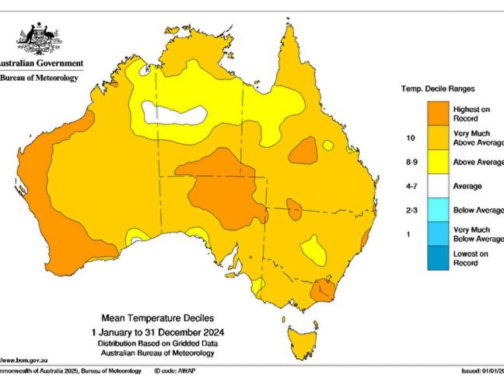 Mean temperature deciles for 2024. Picture: Bureau of Meteorology