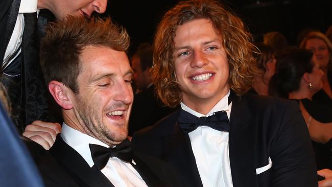 Michael Barlow and Nat Fyfe at the 2015 Brownlow Medal. Picture: Colleen Petch