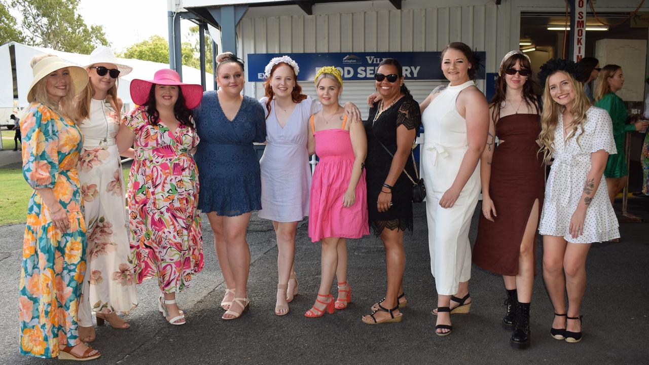 Shannell, Michelle, Kirsten, Macie, Savannha, Amie, Peta, Naz and Philippa at the St Patrick’s Day races in Rockhampton on March 12, 2022. Picture: Aden Stokes