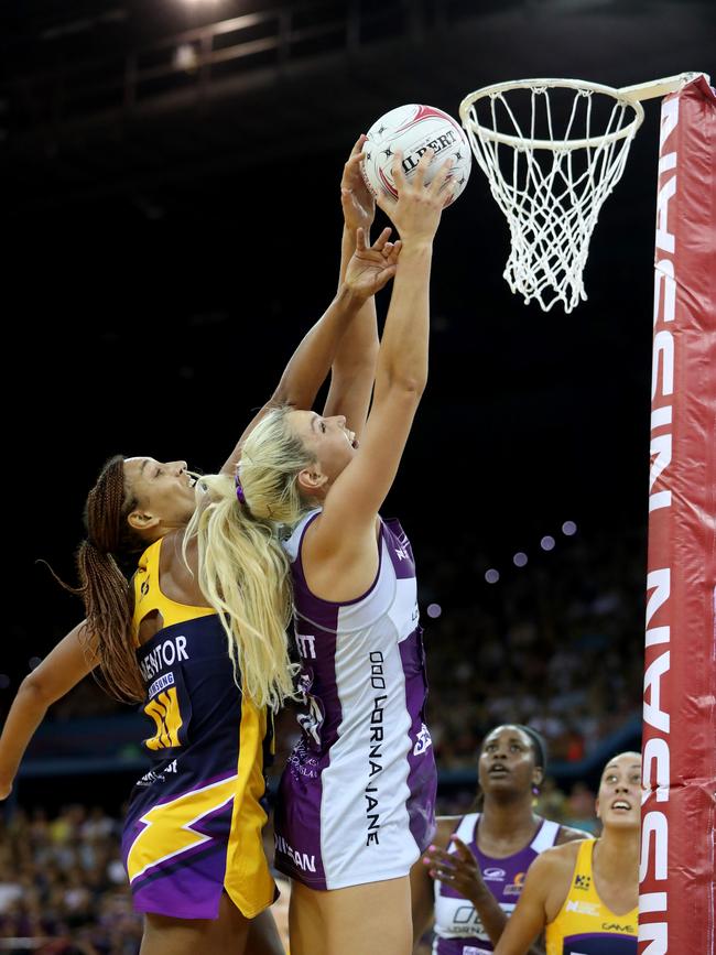 Gretel Tippett of the Firebirds during the Super Netball match between the Queensland Firebirds and Sunshine Coast Lightning. Pic Darren England