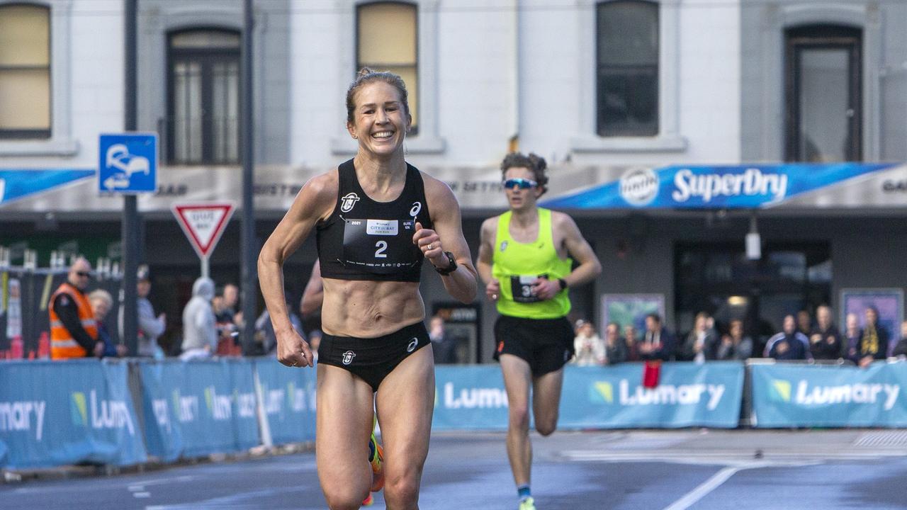 Jess Stenson crossing the finish line at the Lumary City-Bay Fun Run. Picture: Emma Brasier