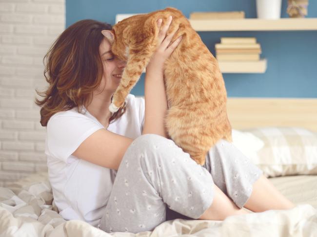 girl sitting on the bed in the bedroom, holds a red cat on hands