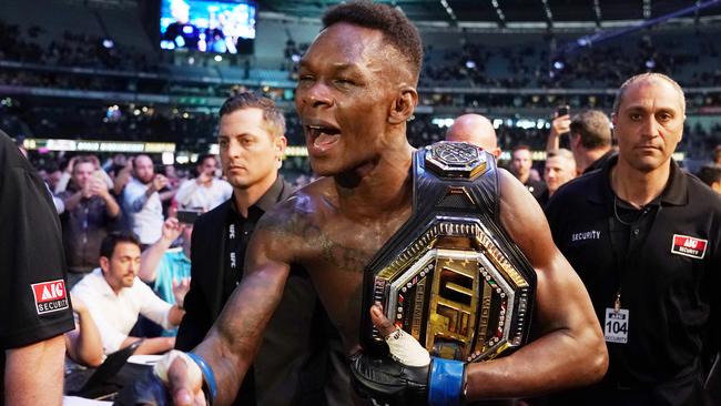 Israel Adesanya celebrates his win over Robert Whittaker. Picture: AAP