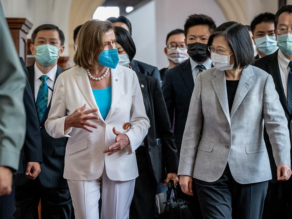 Speaker of the U.S. House Of Representatives Nancy Pelosi speaks Taiwan's President Tsai Ing-wen, after arriving at the president's office.