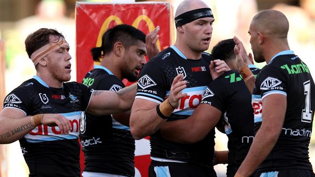 The Sharks are leading the NRL competition after eight rounds. Picture: Brendon Thorne/Getty Images