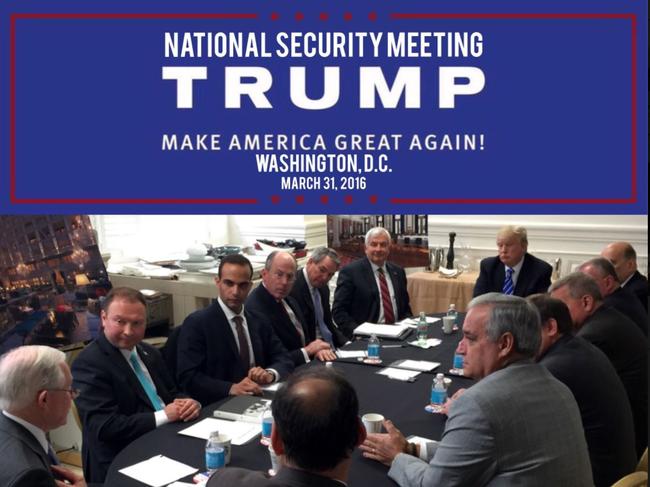 This image shows George Papadopoulos (3rd left) in a photograph released on Donald Trump's Instagram account (@realDonaldTrump) on April 1, 2016. Picture: AFP