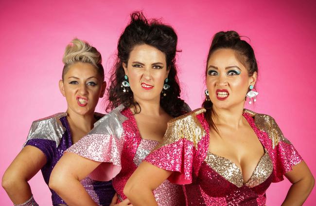 Rowena Hutson (left), Tessa Waters and Victoria Falconer (right) are smashing the patriarchy with their show Glittery Clittery at Darwin Festival. Picture: Nicole Cleary