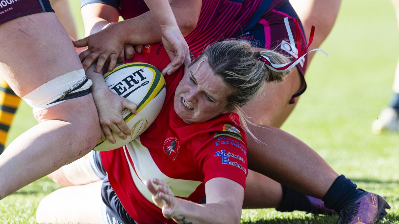 Courtney Jackson of St George Roma gets a try against Toowoomba Bears in Downs Rugby Womens XV grand final rugby union at Toowoomba Sports Ground, Saturday, August 24, 2024. Picture: Kevin Farmer