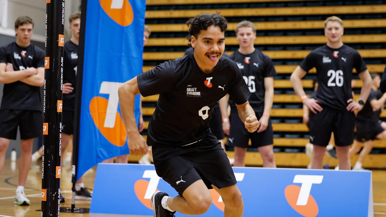 Malakai Champion competes in the agility test at the combine. Picture: Dylan Burns/AFL Photos via Getty Images