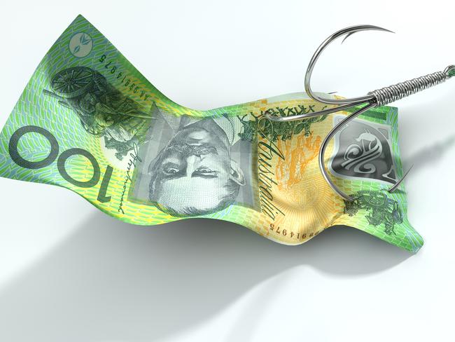 A concept image showing a one hundred australian dollar banknote used as bait attached to a treble fishhook and fishing line on an isolated white background; scams, scammer, Australian money fraud generic