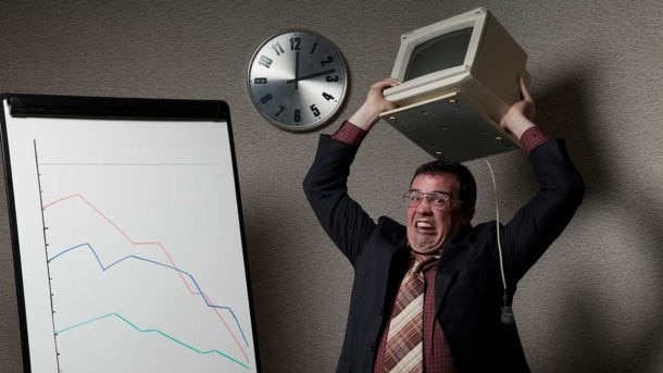 How many ETF investors are feeling. Though this bloke might really be angry about the age of his tech. Picture: Getty Images