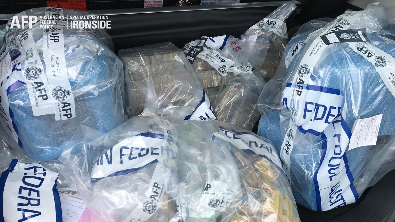 Criminal syndicates targeted under AFP-led Operation Ironside, specifically Operation Maidos in South Australia. Here, cash can be seen sealed in bags. Picture: AFP