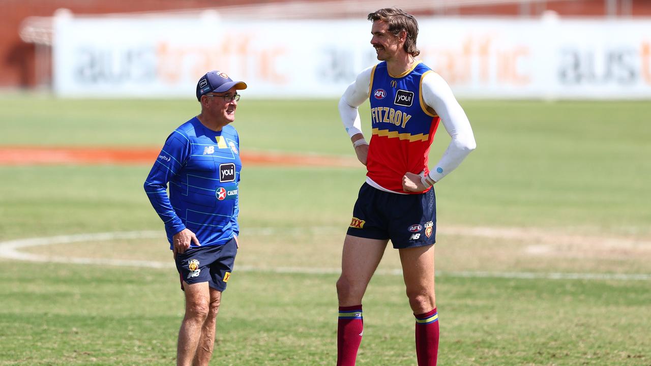 Lions coach Chris Fagan (left) and star Brisbane forward Joe Daniher are focusing on winning Saturday’s preliminary final against Geelong. Picture: Chris Hyde/Getty Images