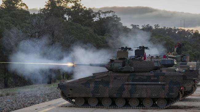 Hanwha Defense Australia Redback Infantry Fighting Vehicles conduct a live fire demonstration during LAND 400 Phase 3 user evaluation trials at Puckapunyal Military Area, Victoria. Picture: CPL Sagi Biderman