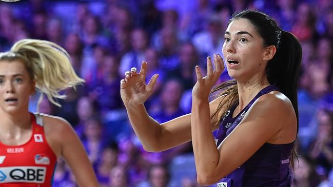 BRISBANE, AUSTRALIA - APRIL 28: Remi Kamo of the Firebirds passes the ball during the round three Super Netball match between Queensland Firebirds and NSW Swifts at Nissan Arena, on April 28, 2024, in Brisbane, Australia. (Photo by Albert Perez/Getty Images)