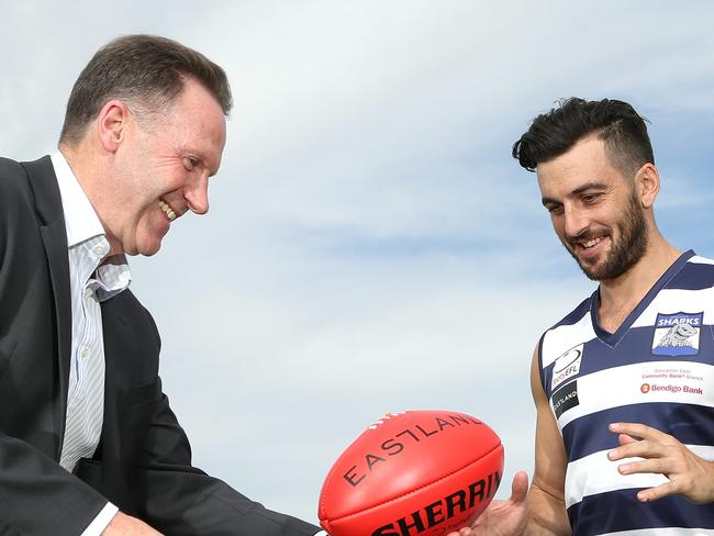 Eastland General Manager Greg Balmforth (left) with EFL players Chris Annakis (centre) and Jackson Freeman on Friday, February 15, 2019, in Ringwood, Victoria, Australia. Picture: Hamish Blair