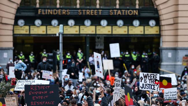 Demonstrators attend a Black Lives Matter protest in Melbourne. Picture: AFP