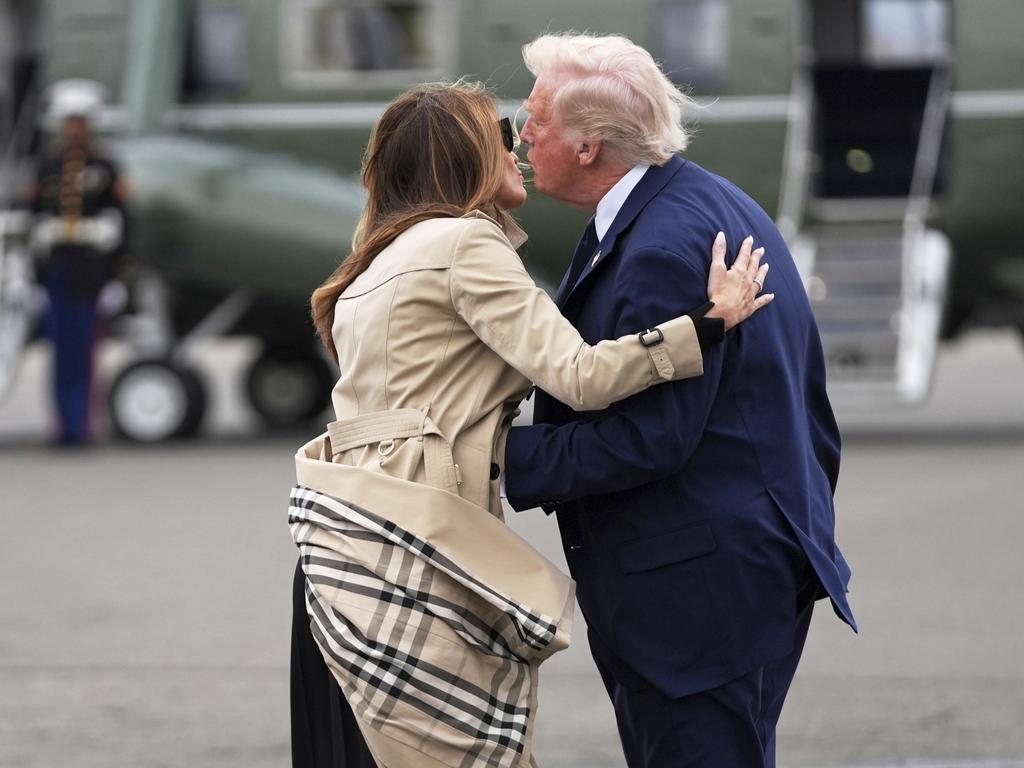 President Donald Trump, right, kisses first lady Melania Trump before boarding Marine One at Newark Liberty International Airport in Newark, upon returning from a trip to attend the funeral of Pope Francis at the Vatican. Picture: AP Photo/Evan Vucci