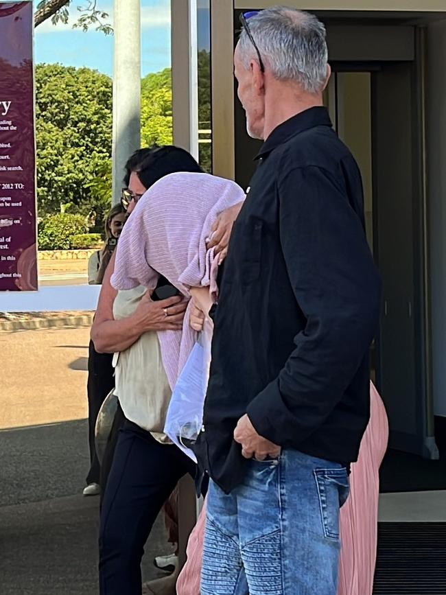 Tara Harding was escorted from Darwin Local Court bundled in a pink sweater by her family after facing commercial quantity drug charges.